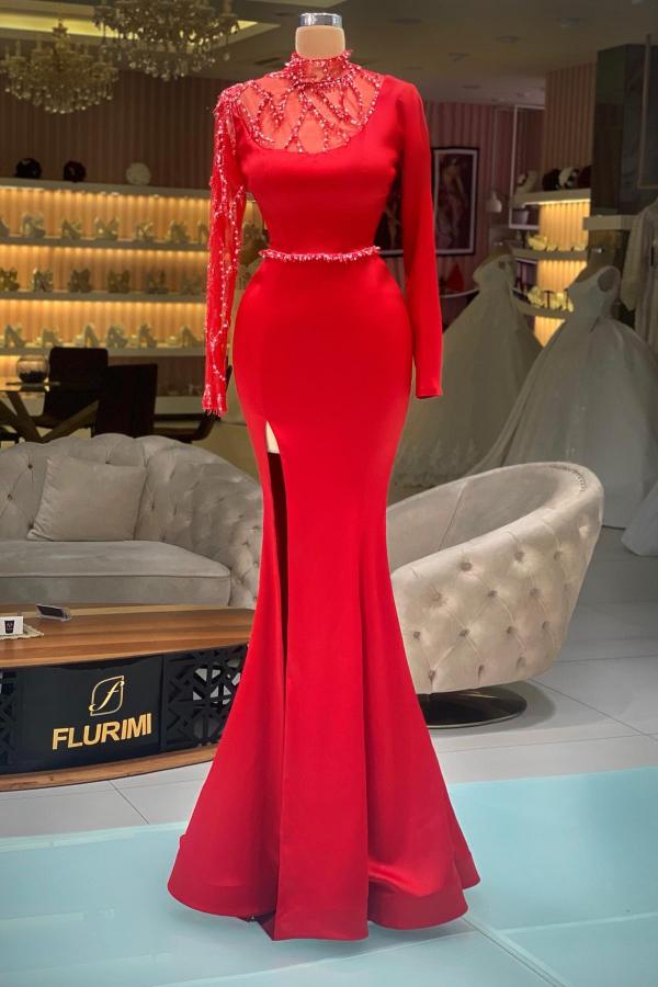 Rote Abendkleider mit Ärmel | Abiballkleider Lang Glitzer-Misshow.de