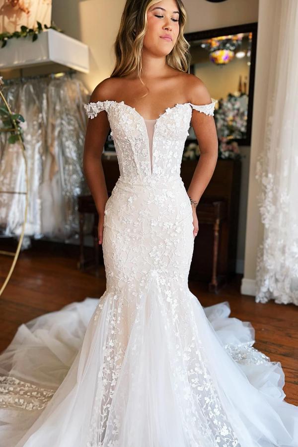 Fashion Hochzeitskleider mit Spitze | Creme Brautkleid Meerjungfrau Stil