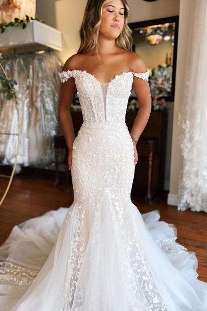 Fashion Hochzeitskleider mit Spitze | Creme Brautkleid Meerjungfrau Stil