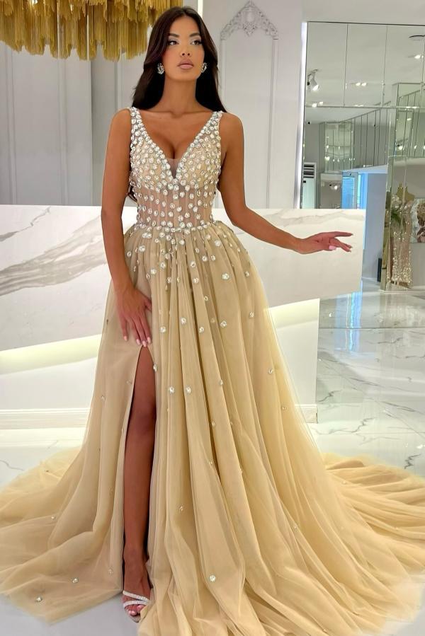 Abendkleider Lang V Ausschnitt Gold Ballkleider mit Glitzer