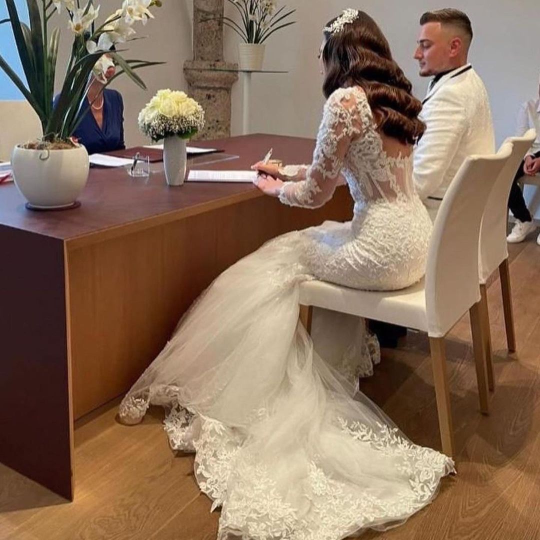 Brautkleider Mit Spitze | Hochzeitskleider Meerjungfrau mit Ärmel-Misshow.de