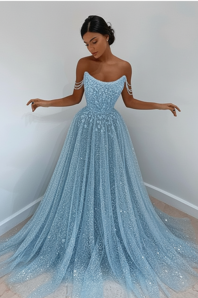 Elegante Abendkleider Lang Glitzer | Abiballkleider Lang Blau