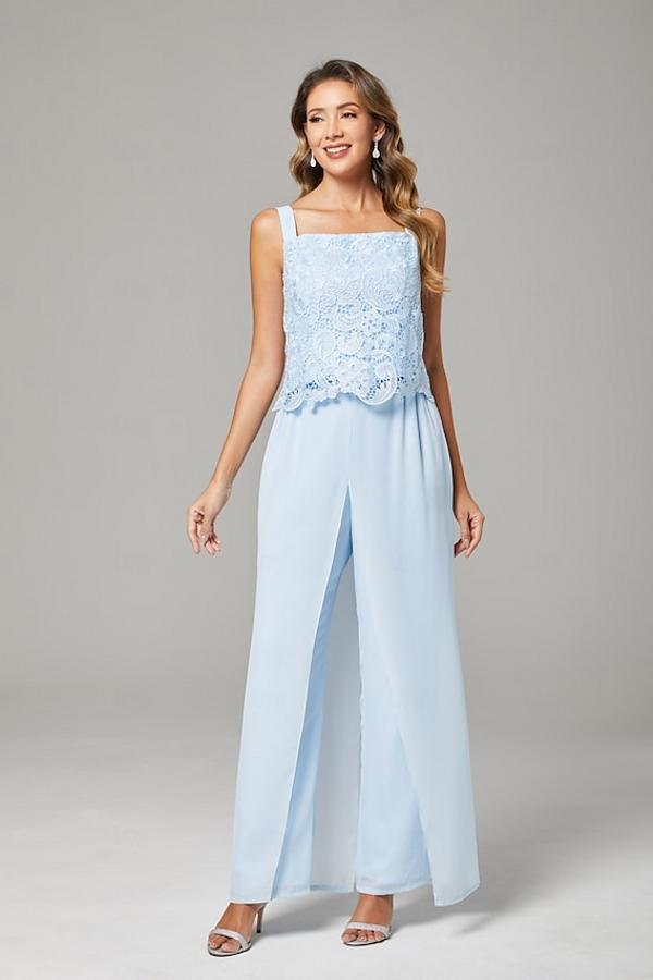 3 Teilige Brautmutterkleider Lang Chiffon Himmel Blaue Festliche Hosenanzuge Brautmutter-Misshow.de