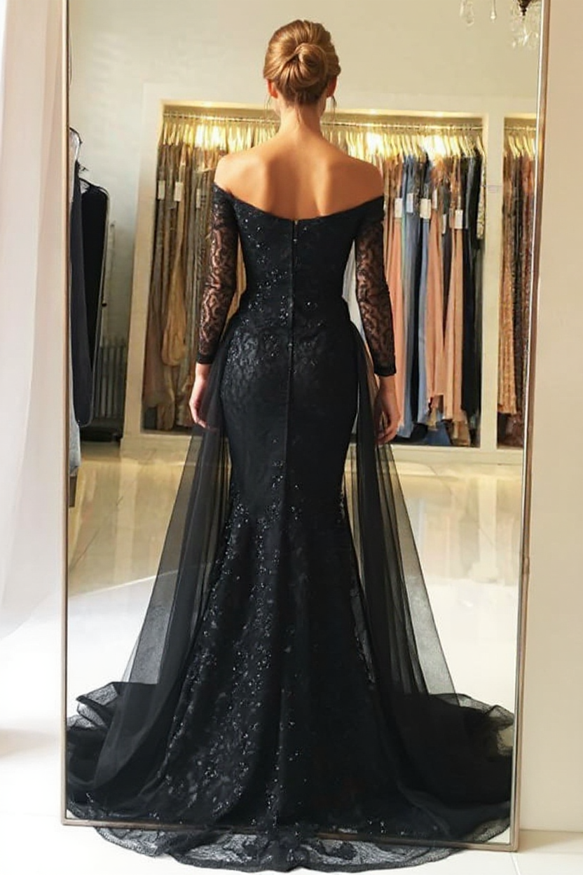 Designer Abendkleider Lang Schwarz | Spitze Abiballkleider mit Ärmel-Misshow.de
