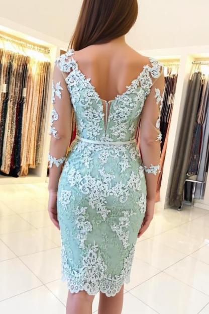Mint Cocktailkleider Kurz Spitze | Abiballkleider mit Ärmel-Misshow.de