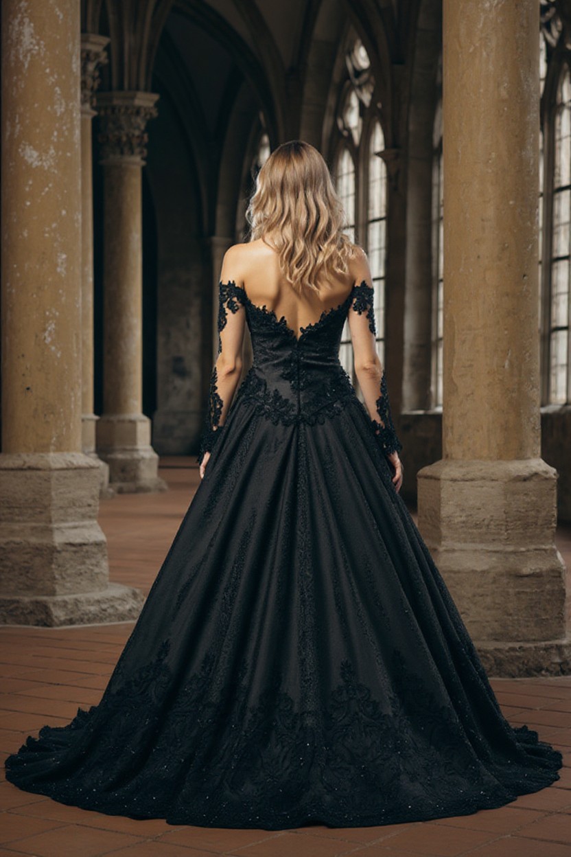 Gothic Hochzeitskleider Schwarz A Linie Brautkleider mit Ärmel