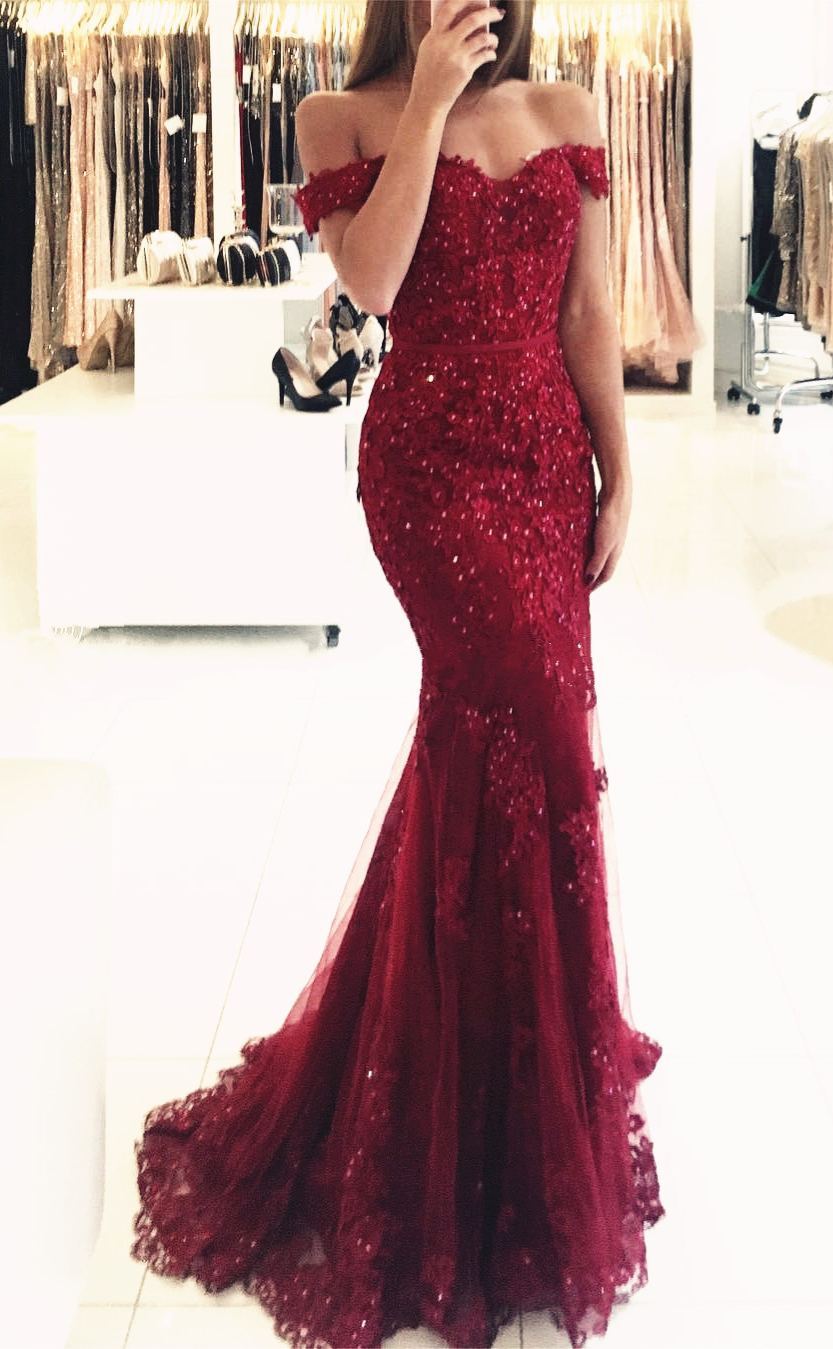 Rot Lange Abendkleider Spitze Perlen Schulterfrei Meerjungfrau Abibllkleider Partykleider BA3809-Misshow.de