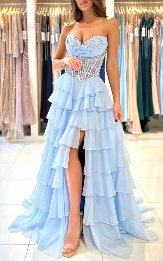 Elegante Abendkleider Lang Blau Ballkleider Mit Spitze