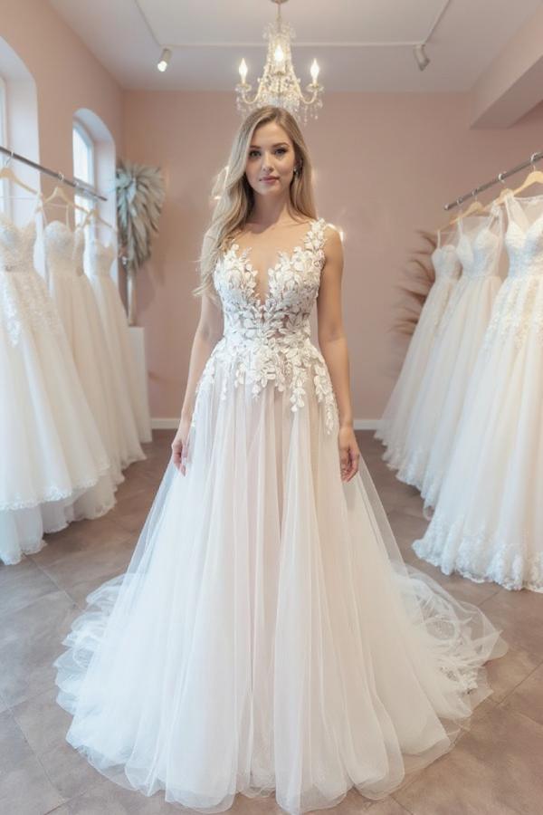 Elegante Brautkleider A-Linie Spitzer | Hochzeitskleider rückenfrei-Misshow.de