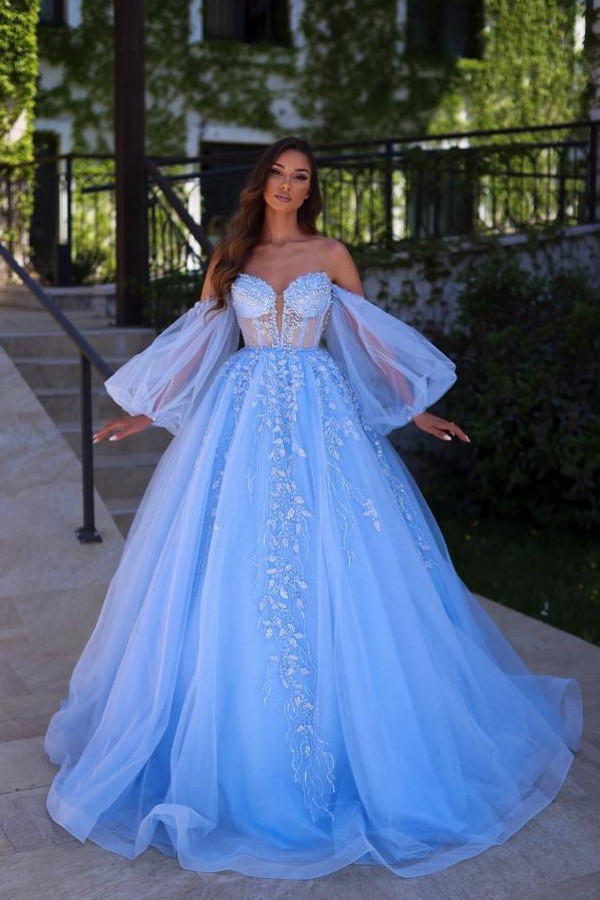 Vintage Abendkleider Lang Blau Prinzessin Ballkleider mit Glitzer