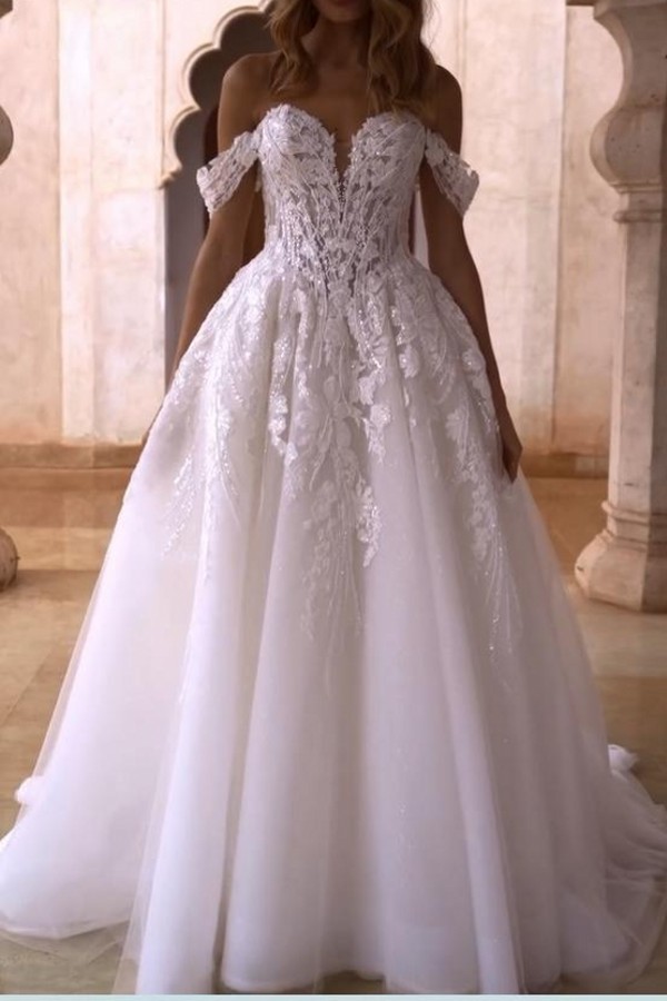 Elegante Hochzeitskleider A Linie Glitzer Brautkleider mit Spitze