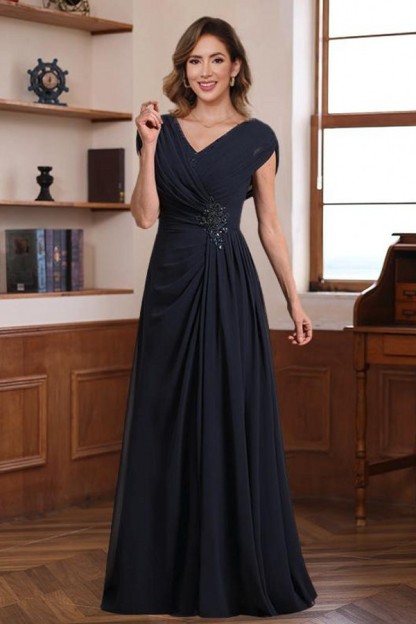 Navy Blau Brautmutterkleider Lang Chiffon Abendkleid V Ausschnitt