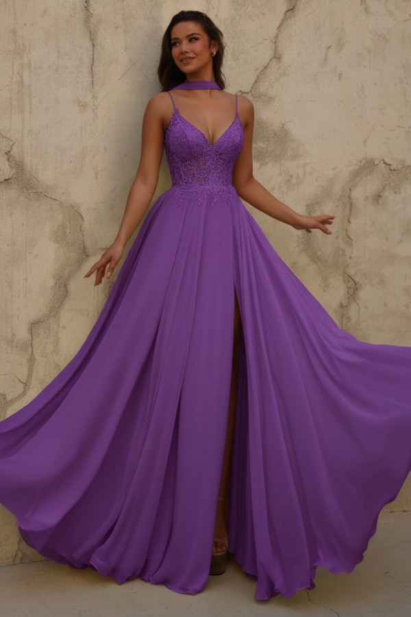 Gelb Abendkleid Lang Chiffon Schlicht Ballkleid mit Spitze