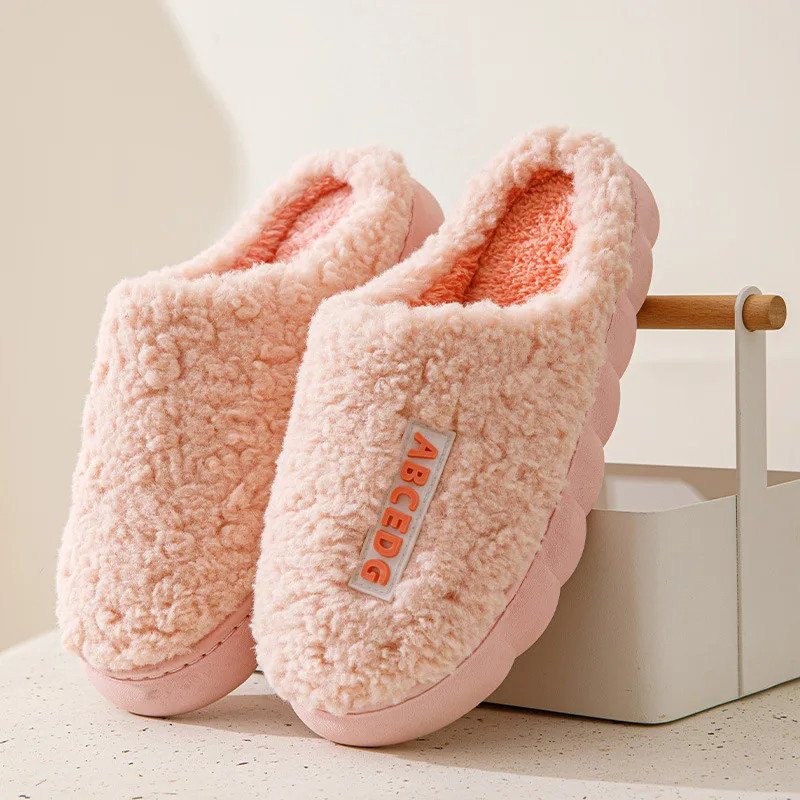 Women Plush Slippers Soft Plush Cotton Slippers Shoes Fashion Color Contrast Non-Slip Floor Indoor Flop Flip Bedroom Warm Winter