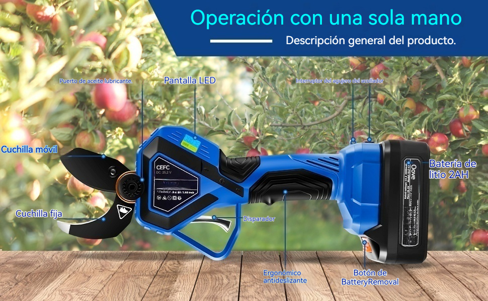 Tijeras de podar eléctricas profesionales, 2 unidades, batería de litio recargable de 2 Ah, inalámbricas, para ramas de árboles, capacidad de corte de 42 mm (1,65 pulgadas), 8-10 horas de trabajo (azul)