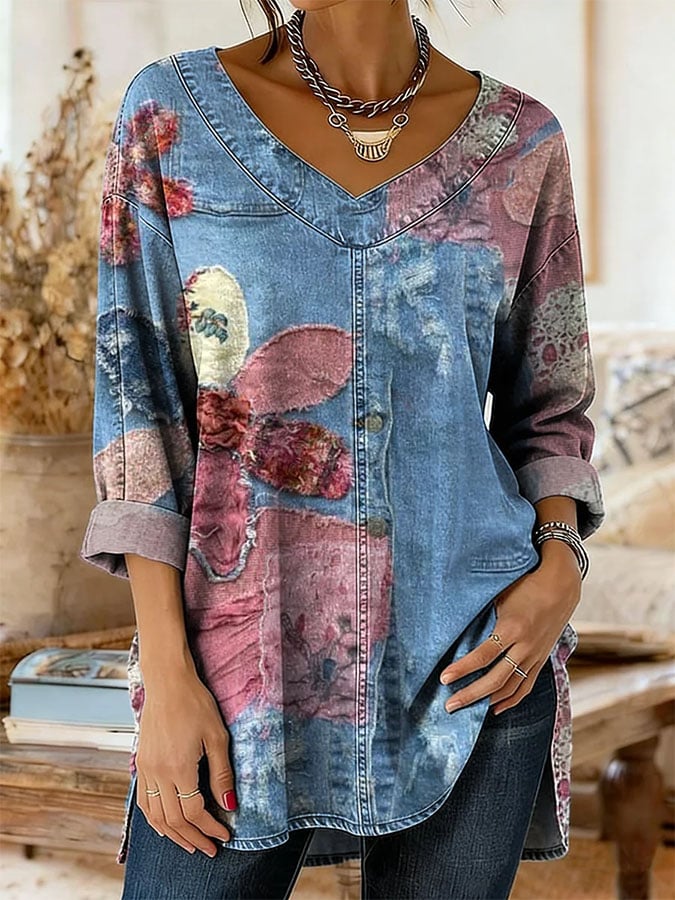 Women's Retro Casual Floral Print Loose Top