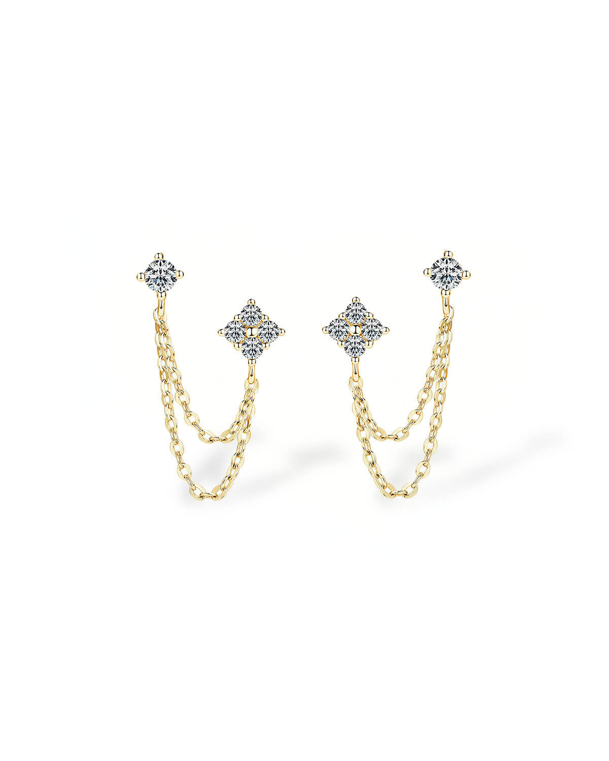 Moissanite Earrings Studs | 14K Gold Clover Chain Earrings for Women