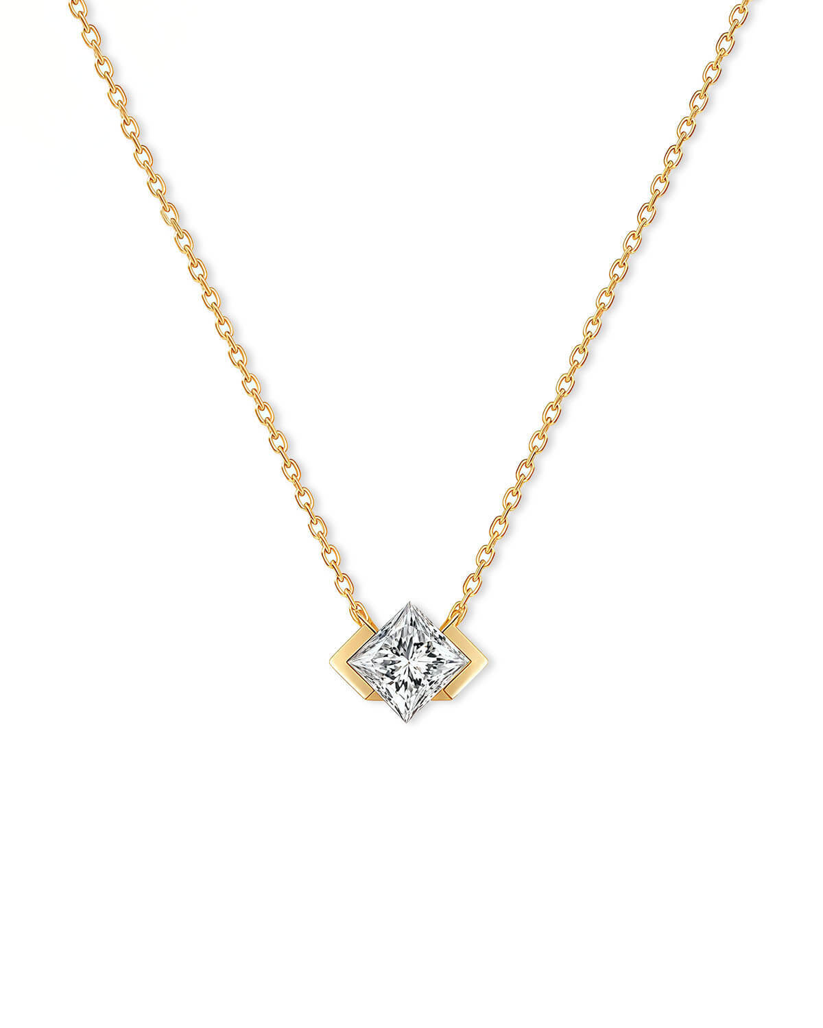 Solitaire Diamond Necklace | 14K Gold Princess Cut Lab Diamond Pendant