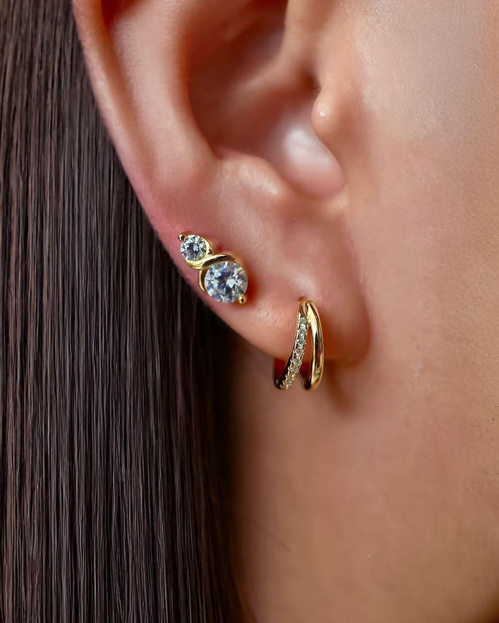 Luna Embrace – Double Hoop Diamond Huggie Earrings