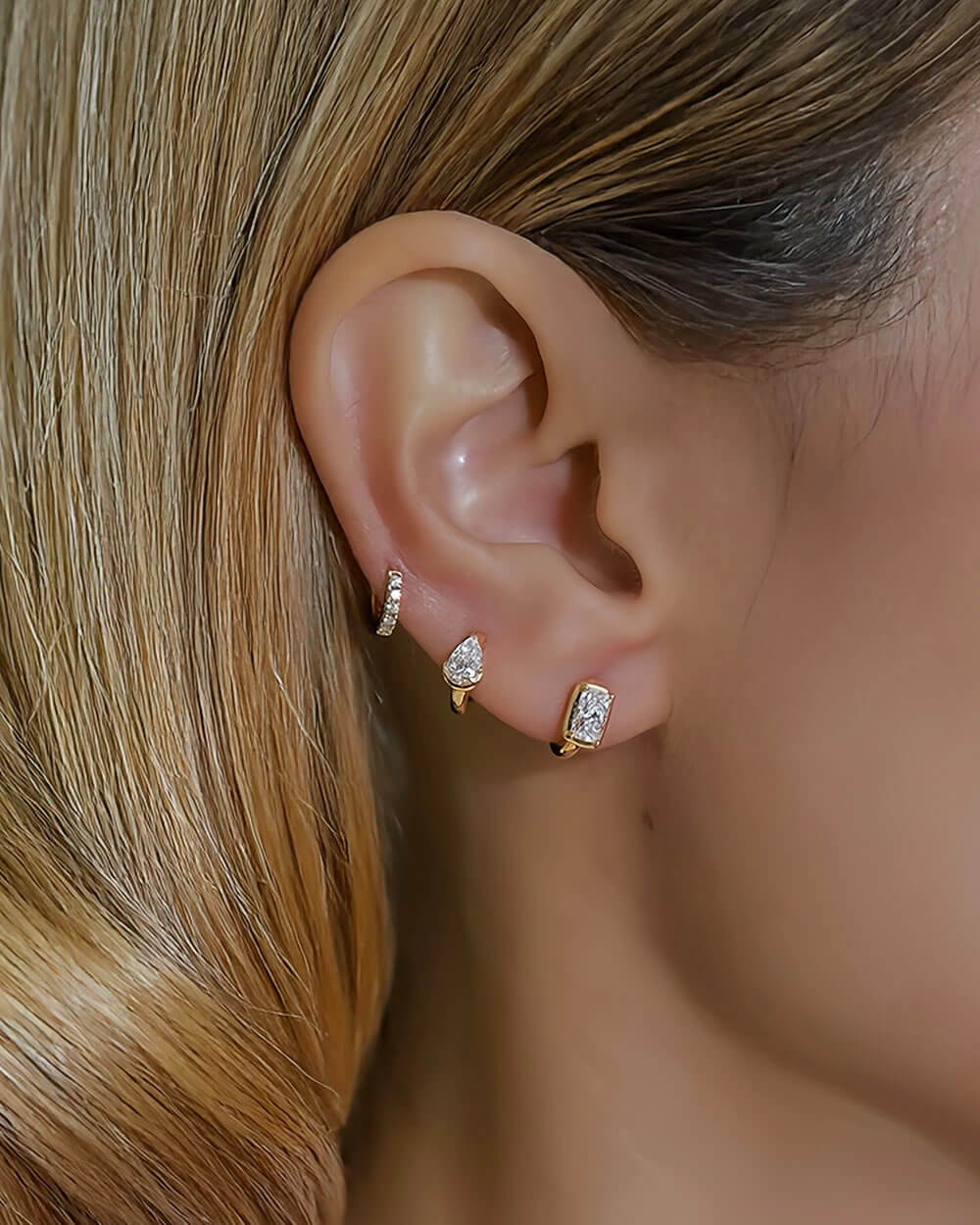 Dual Gleam – Pear & Radiant Diamond Huggie Earrings