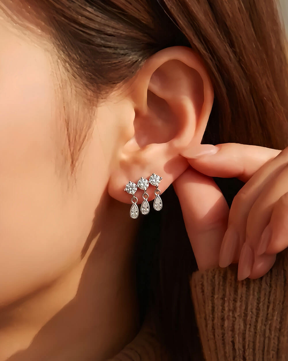 Tria Lumi – Triple Diamond Drop Stud Earrings