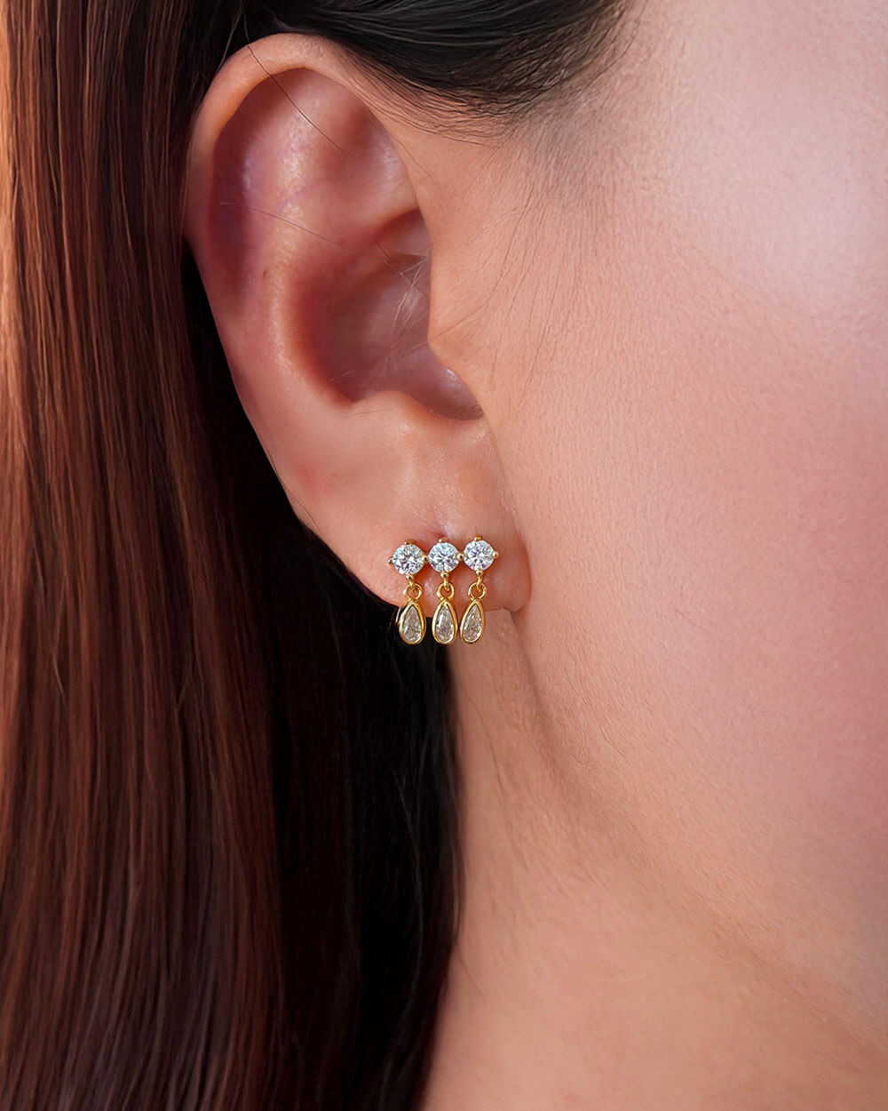 Tria Lumi – Triple Diamond Drop Stud Earrings
