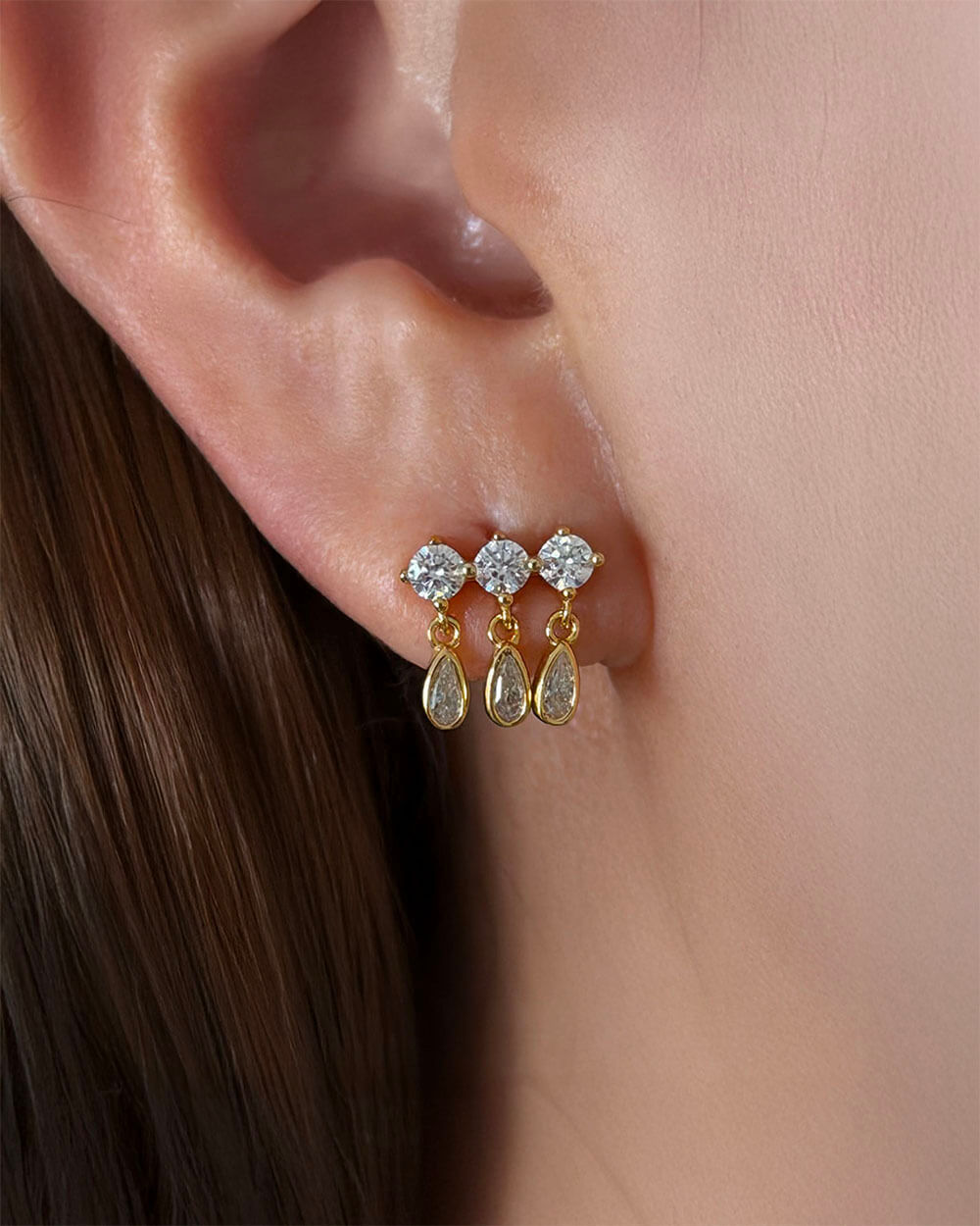 Tria Lumi – Triple Diamond Drop Stud Earrings