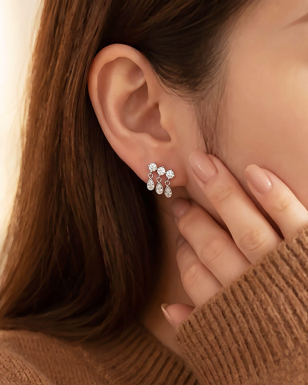 Tria Lumi – Triple Diamond Drop Stud Earrings
