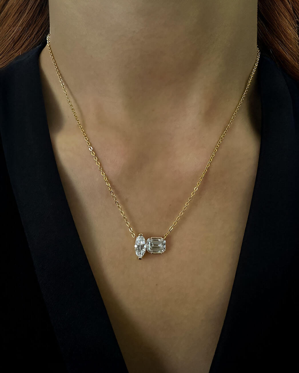 2ct Gold Diamond Necklace with Marquise and Emerald Cut Stones-Opreshyne