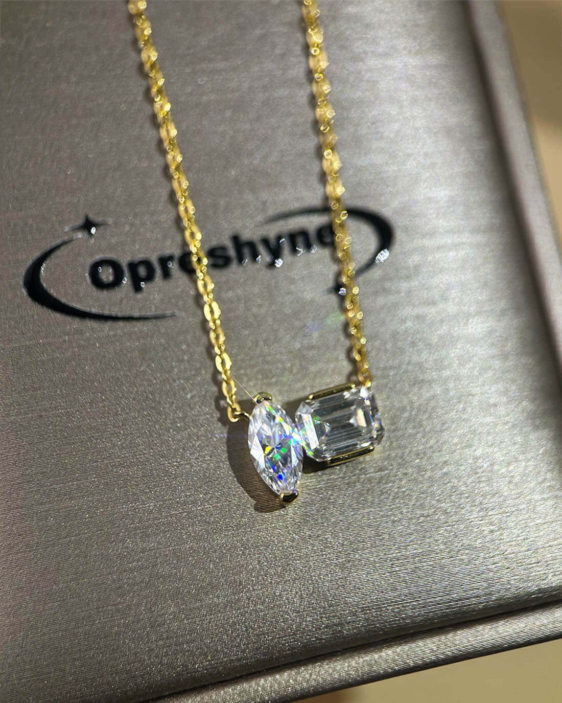2ct Gold Diamond Necklace with Marquise and Emerald Cut Stones-Opreshyne