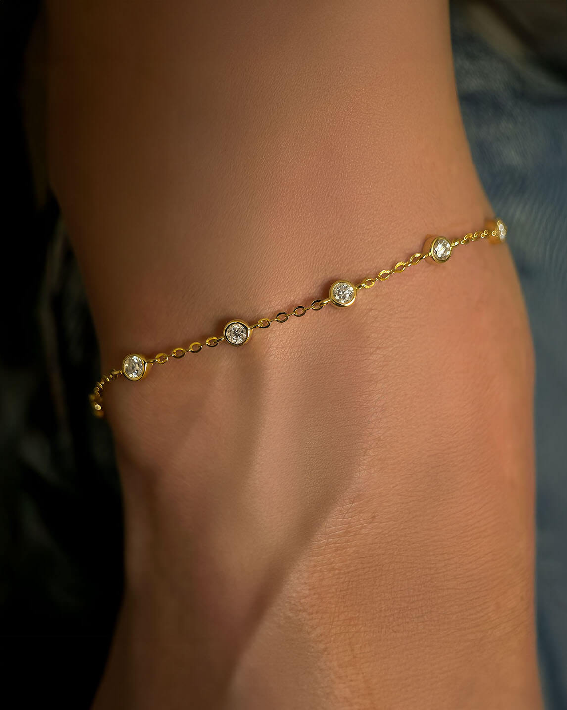 Dainty Diamond Gold Bracelet with Moissanite Accents-Opreshyne