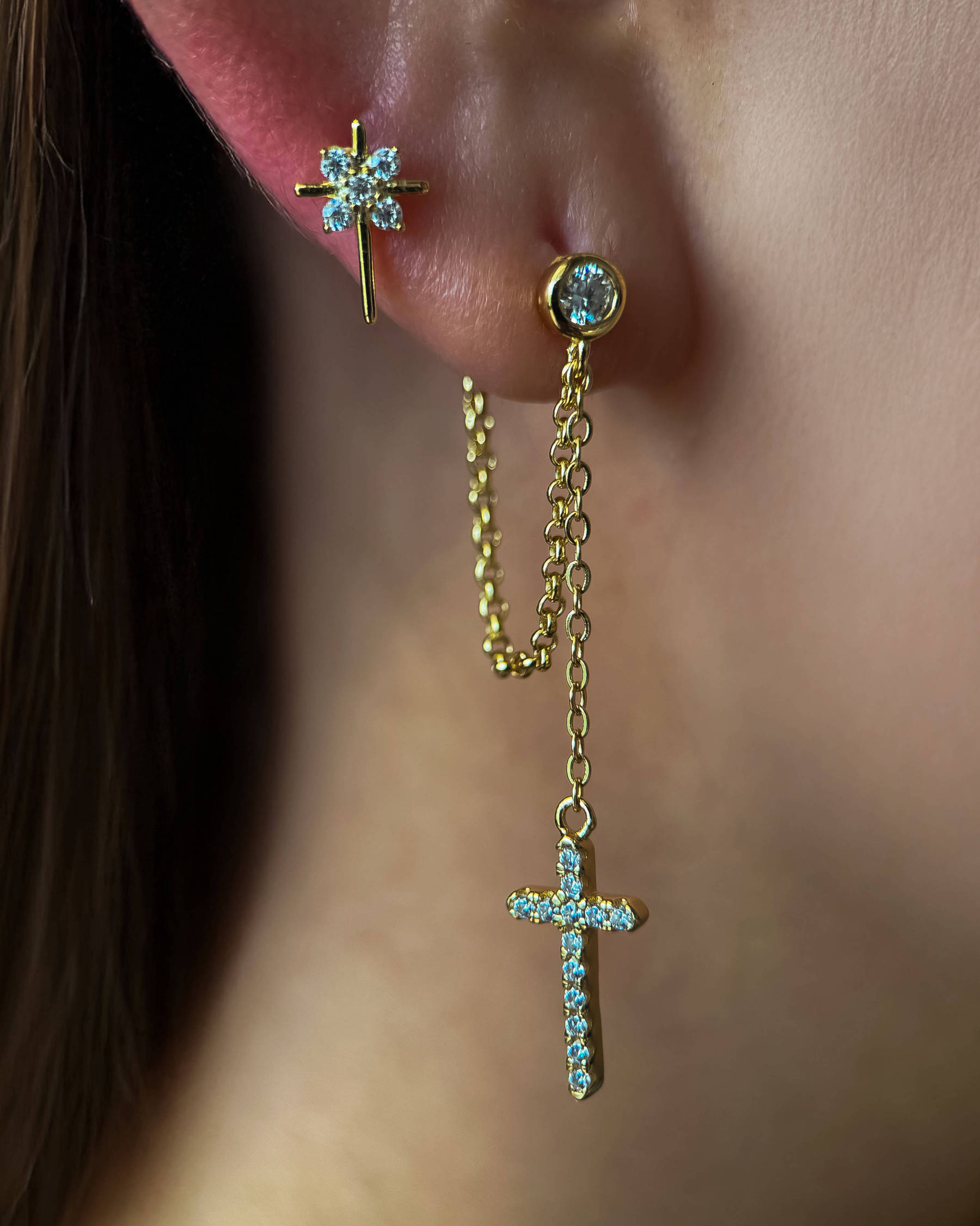 Gold Diamond Stud Earrings – Cross Inspired Elegance-Opreshyne