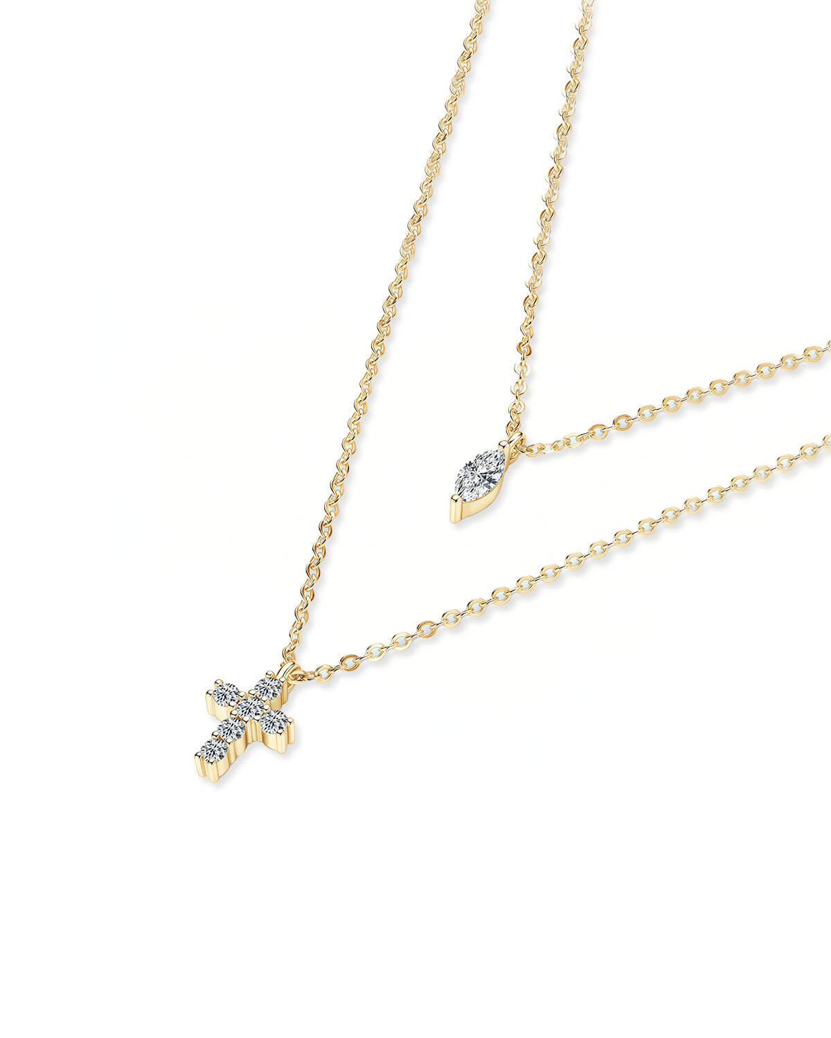 Diamond Cross Pendant Necklace | Marquise Double Chain 14K Gold Jewelry Gift