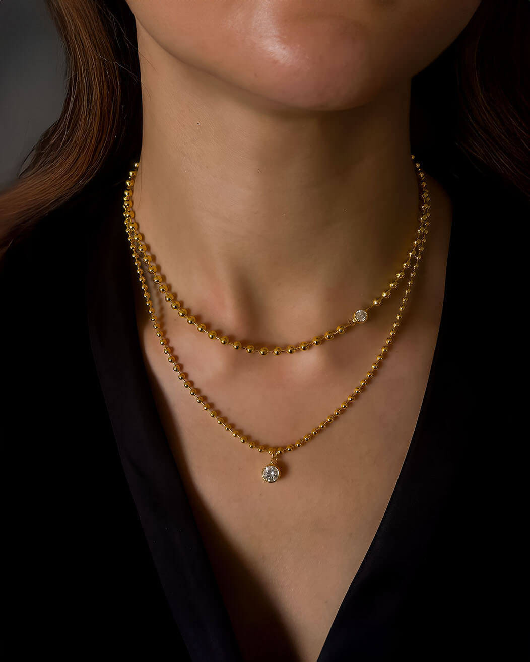 Double-Layer Gold and Diamond Necklace-Opreshyne