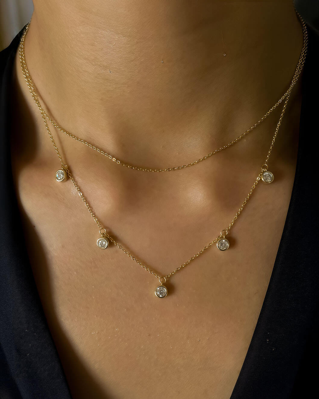 Double-Layer Moissanite Necklace with Floating Gems-Opreshyne