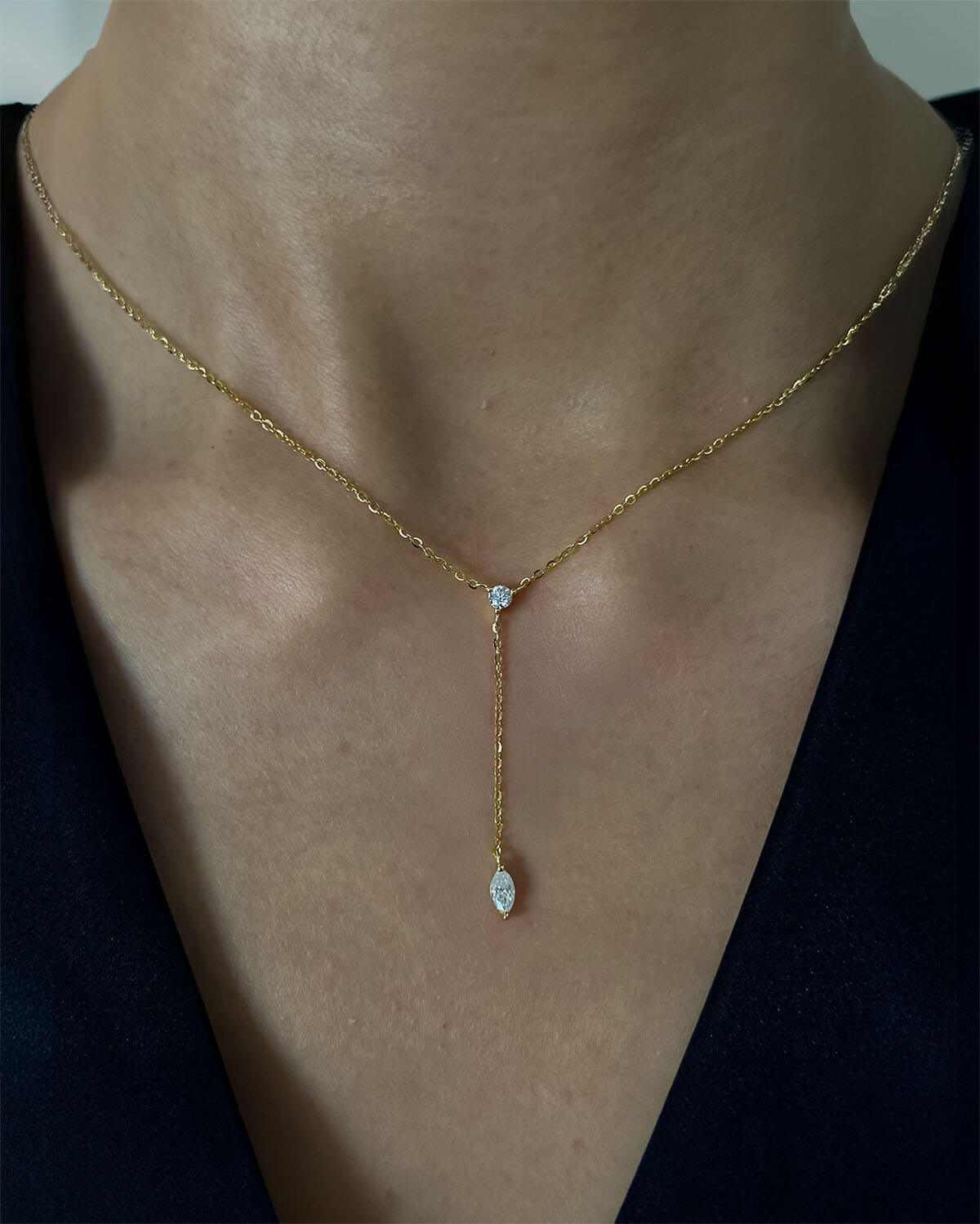 Elegant 14k Gold Necklace with Double Diamond Drop-Opreshyne