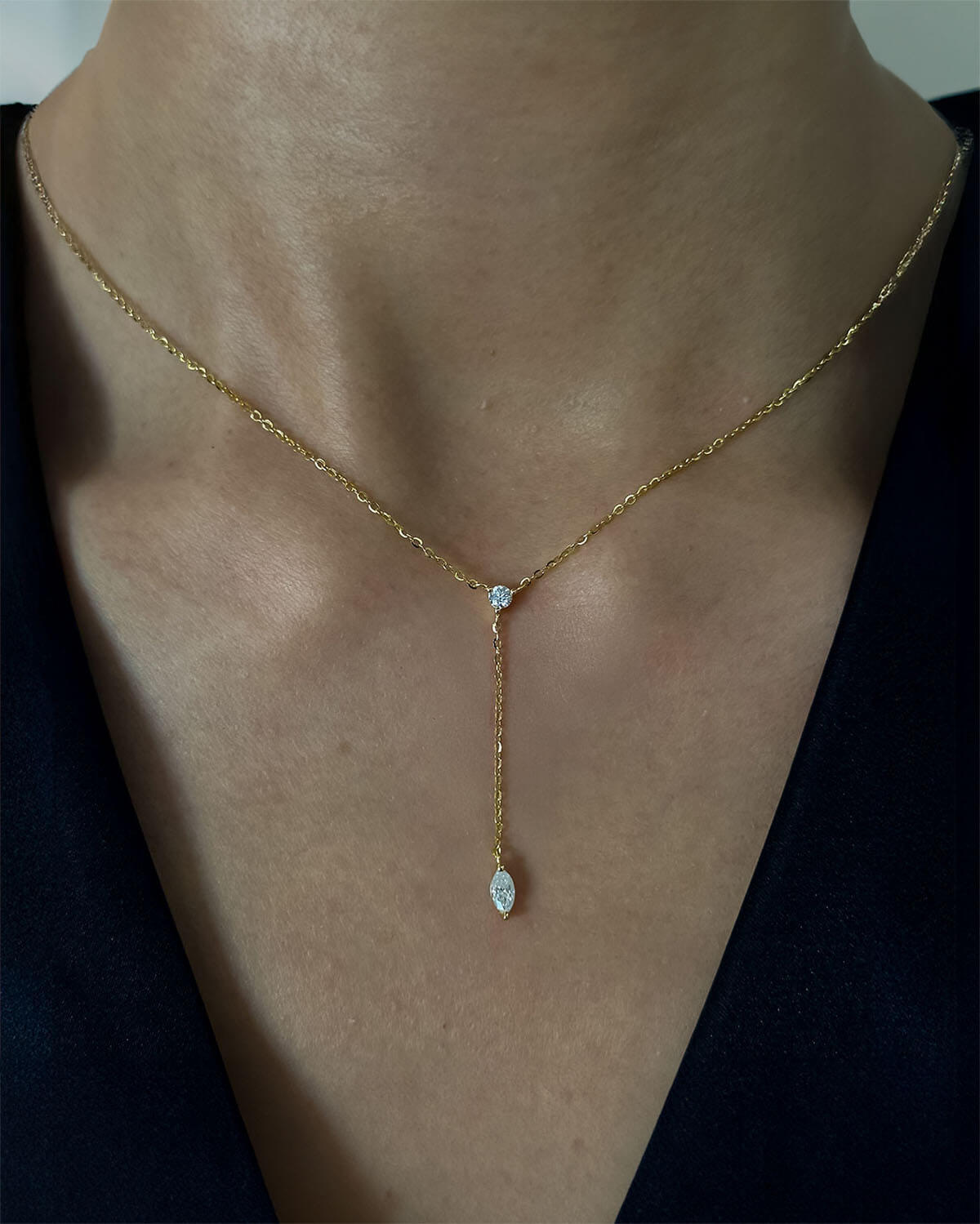 Elegant 14k Gold Necklace with Double Diamond Drop-Opreshyne