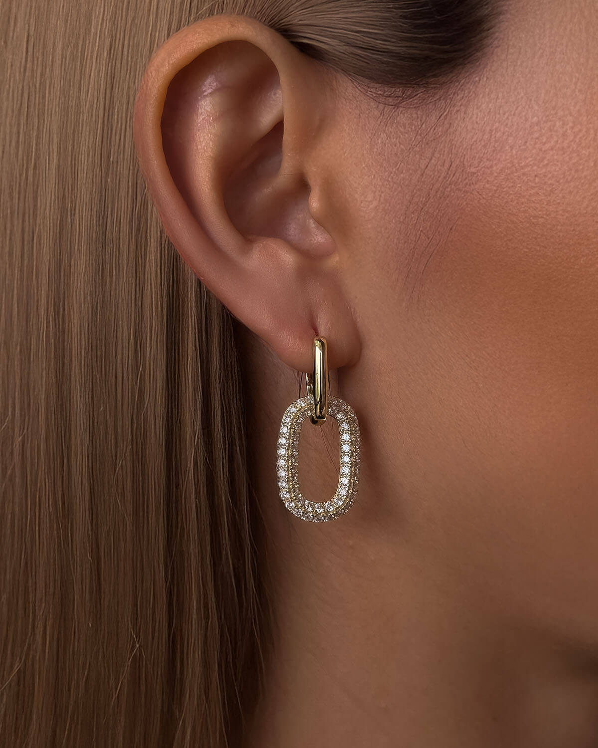 Gold Diamond Earrings – Double Oval Dangle-Opreshyne