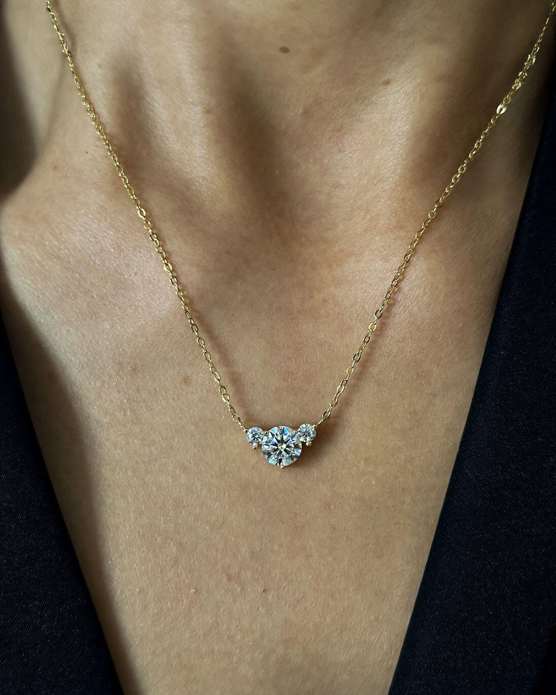 Gold Necklace 14k with Triple Moissanite Diamonds-Opreshyne