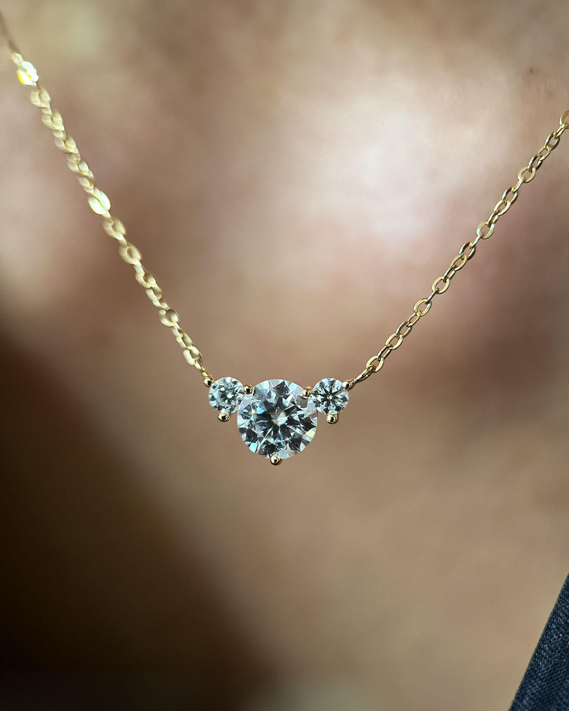 Gold Necklace 14k with Triple Moissanite Diamonds-Opreshyne