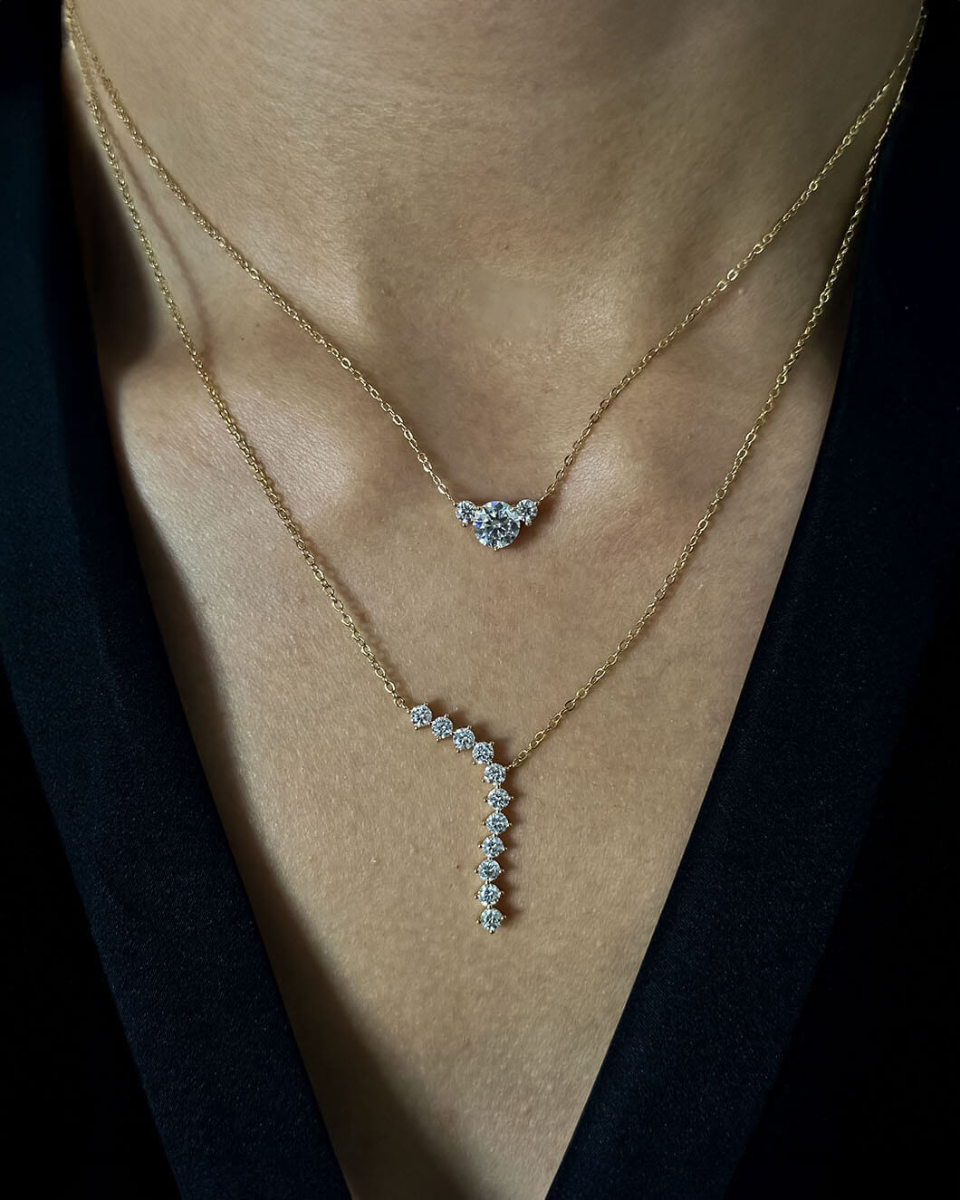 Gold Necklace 14k with Triple Moissanite Diamonds-Opreshyne