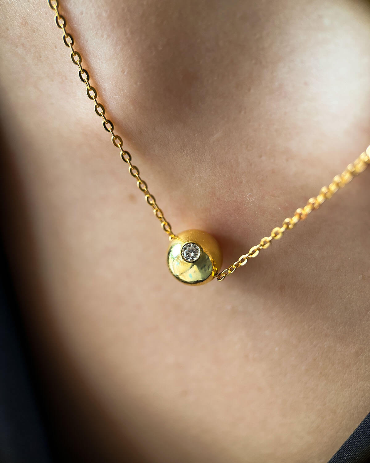Gold Necklace with Silver Diamond – Minimalist Round Pendant-Opreshyne