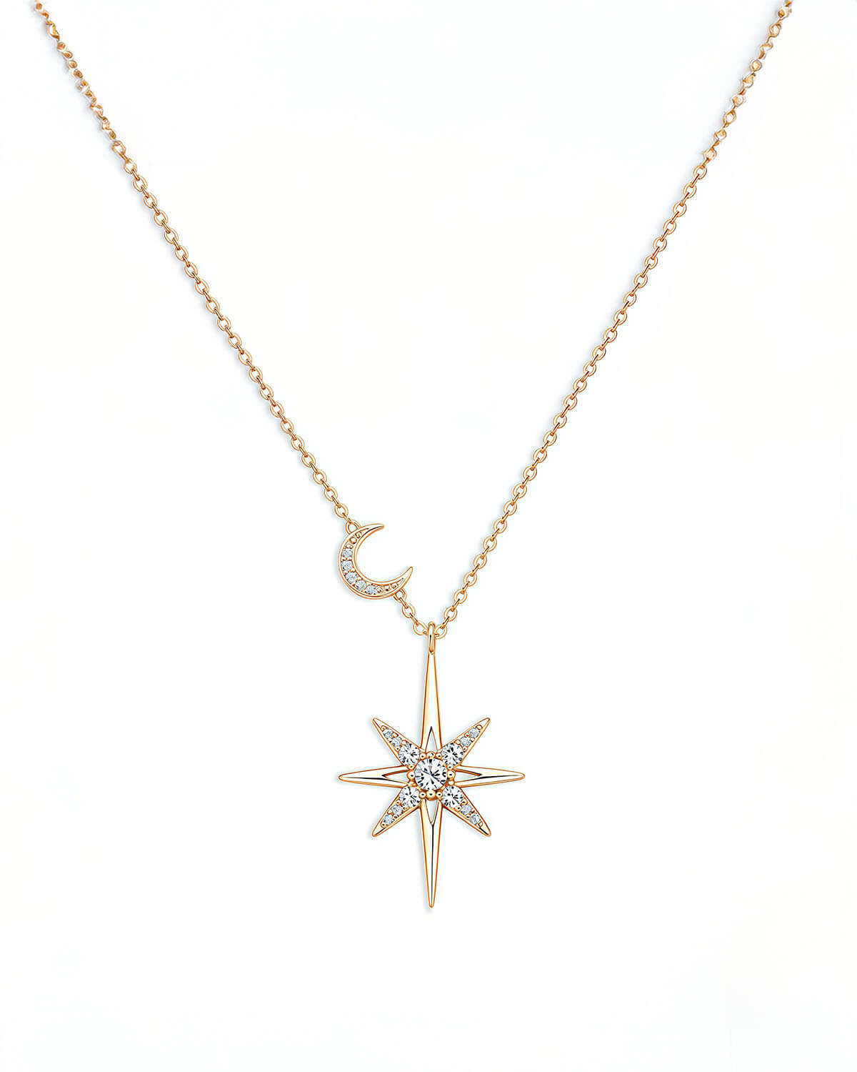 Moon and Star Women's Diamond Necklace in 14K Gold-Opreshyne