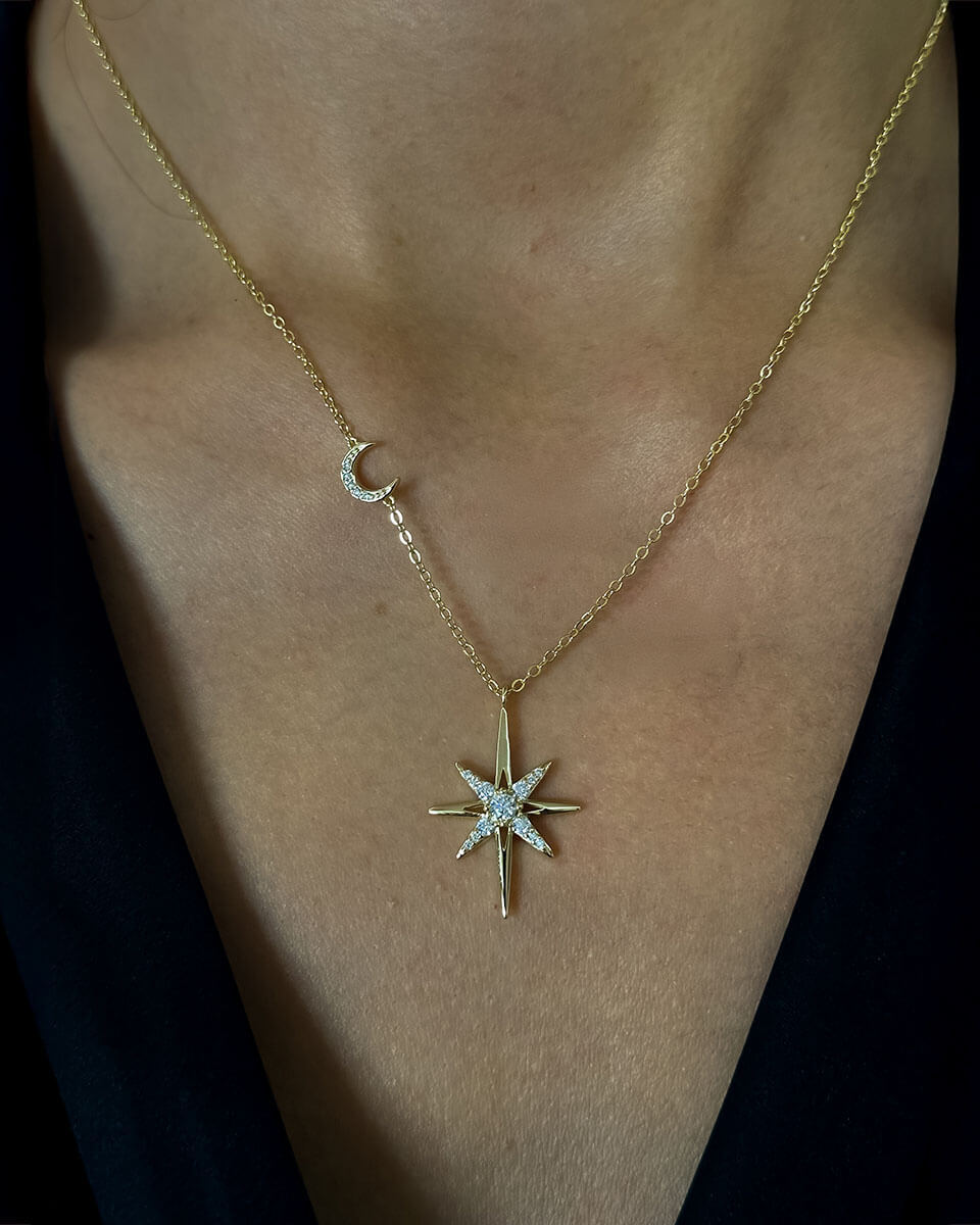 Moon and Star Women's Diamond Necklace in 14K Gold-Opreshyne