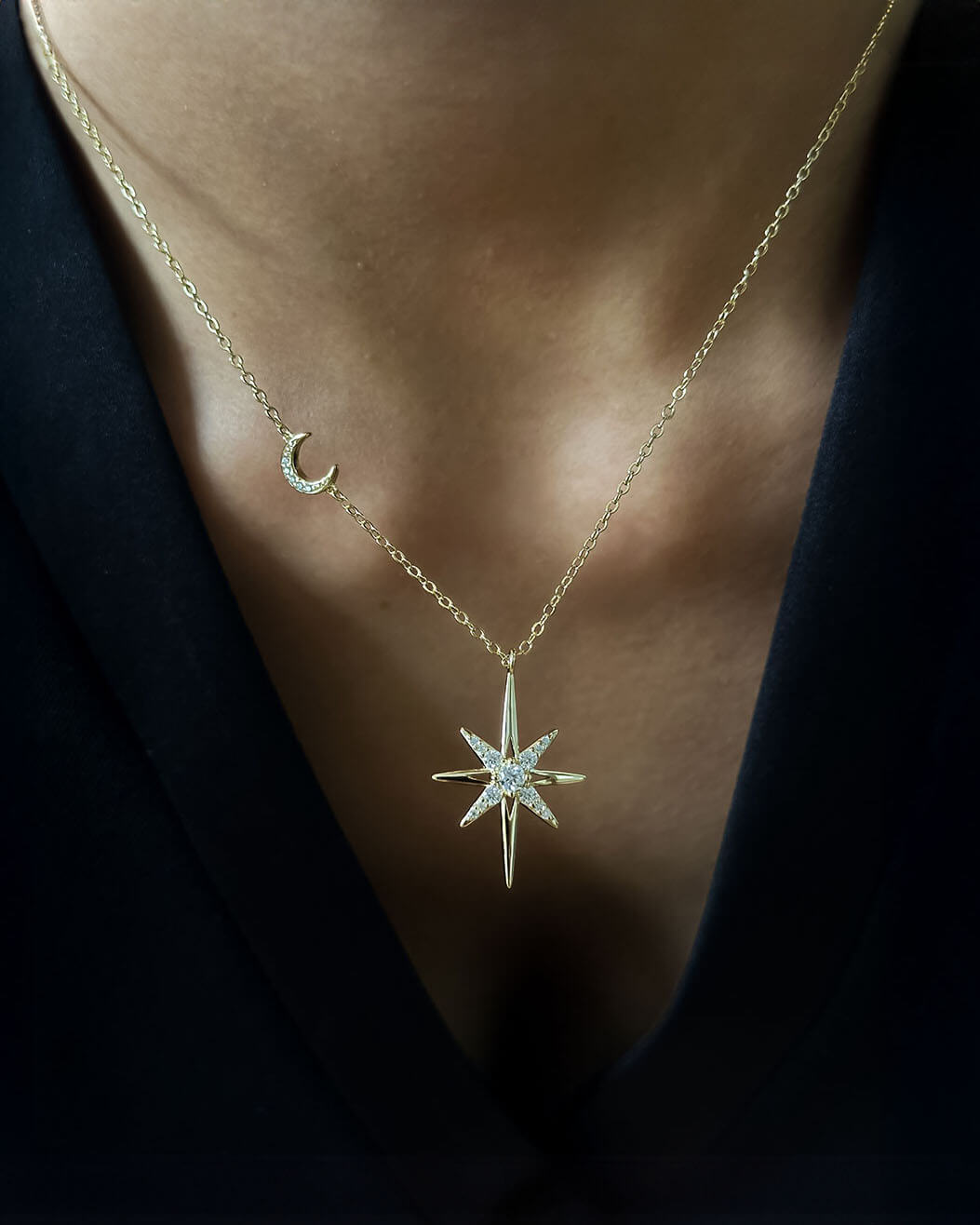 Moon and Star Women's Diamond Necklace in 14K Gold-Opreshyne