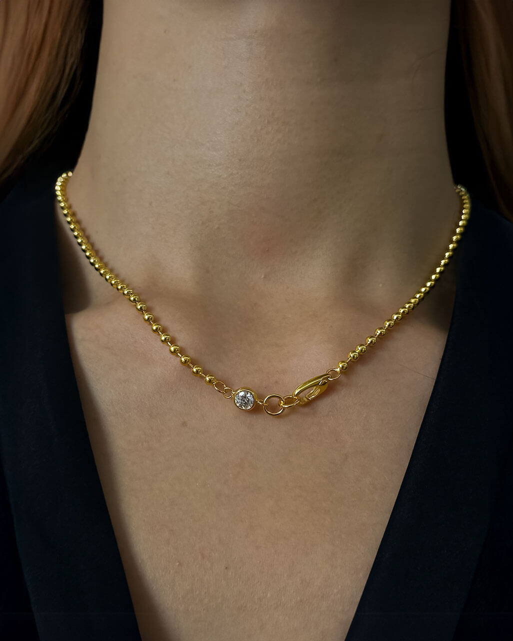 One Diamond Necklace with Beaded Gold Chain-Opreshyne