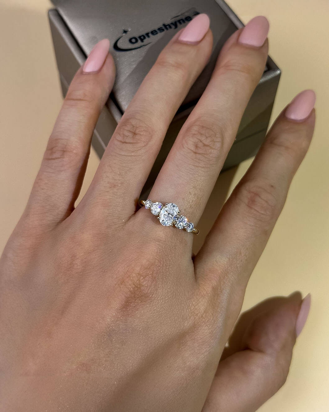 Oval Ring with Diamonds 14K Gold On Silver-Opreshyne