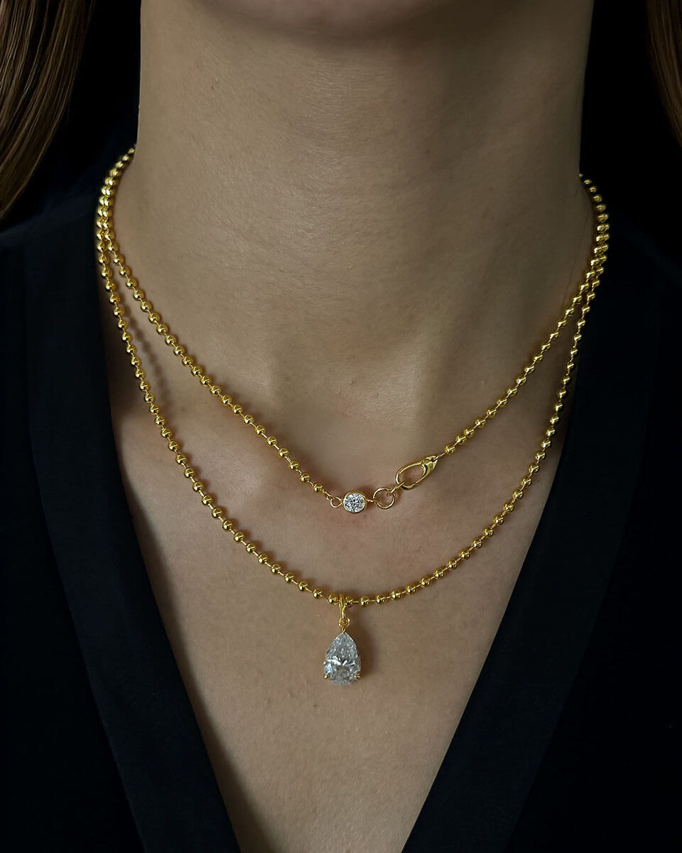 One Diamond Necklace with Beaded Gold Chain-Opreshyne