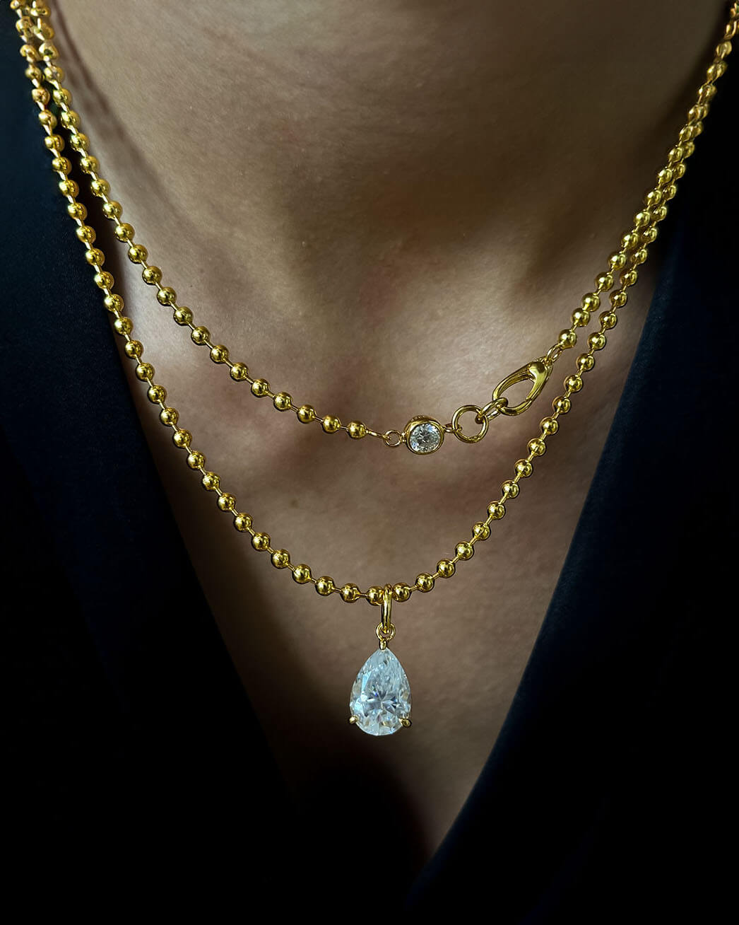 One Diamond Necklace with Beaded Gold Chain-Opreshyne