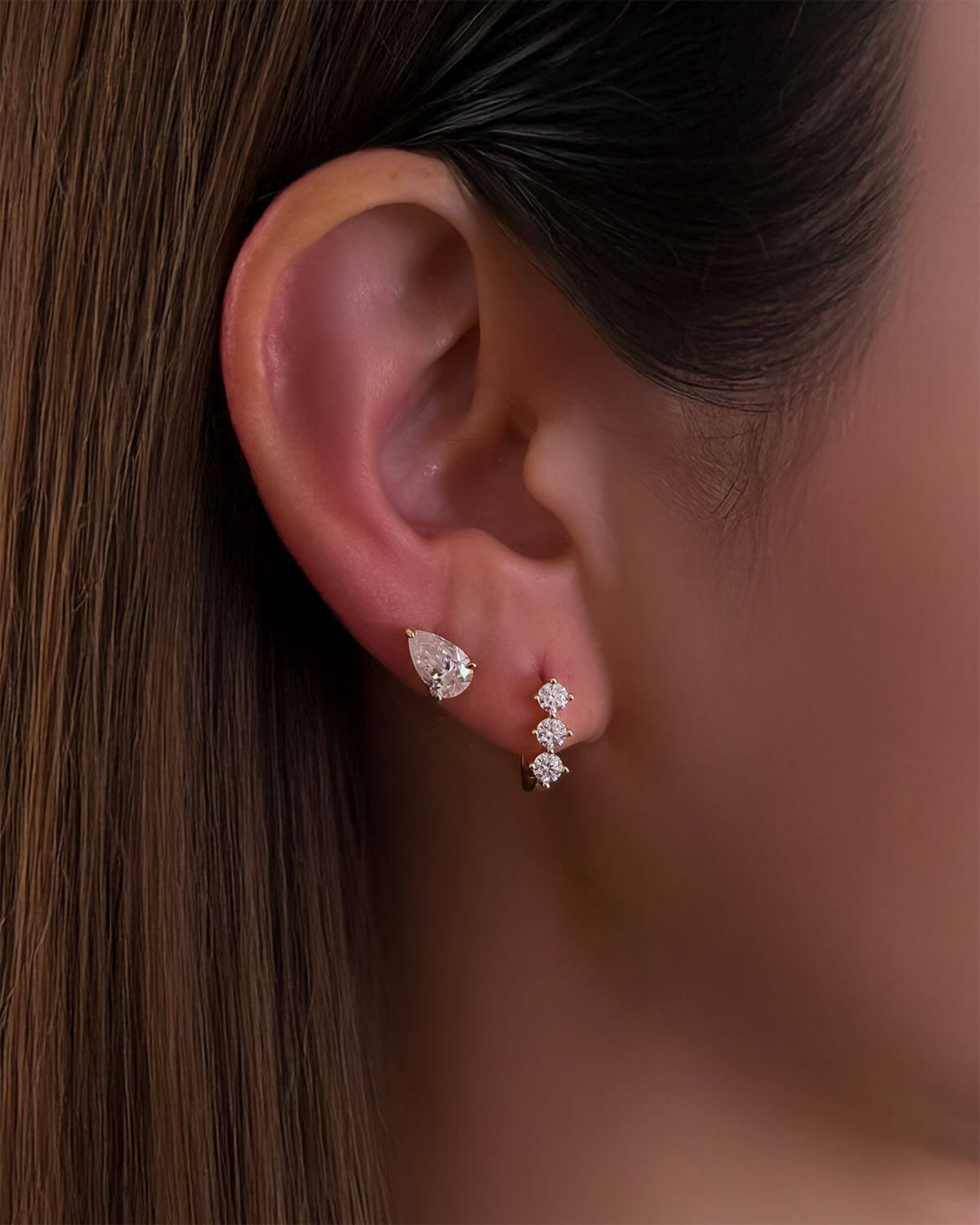 Liberty Orbit - Triple Stone Huggies Earrings-Opreshyne